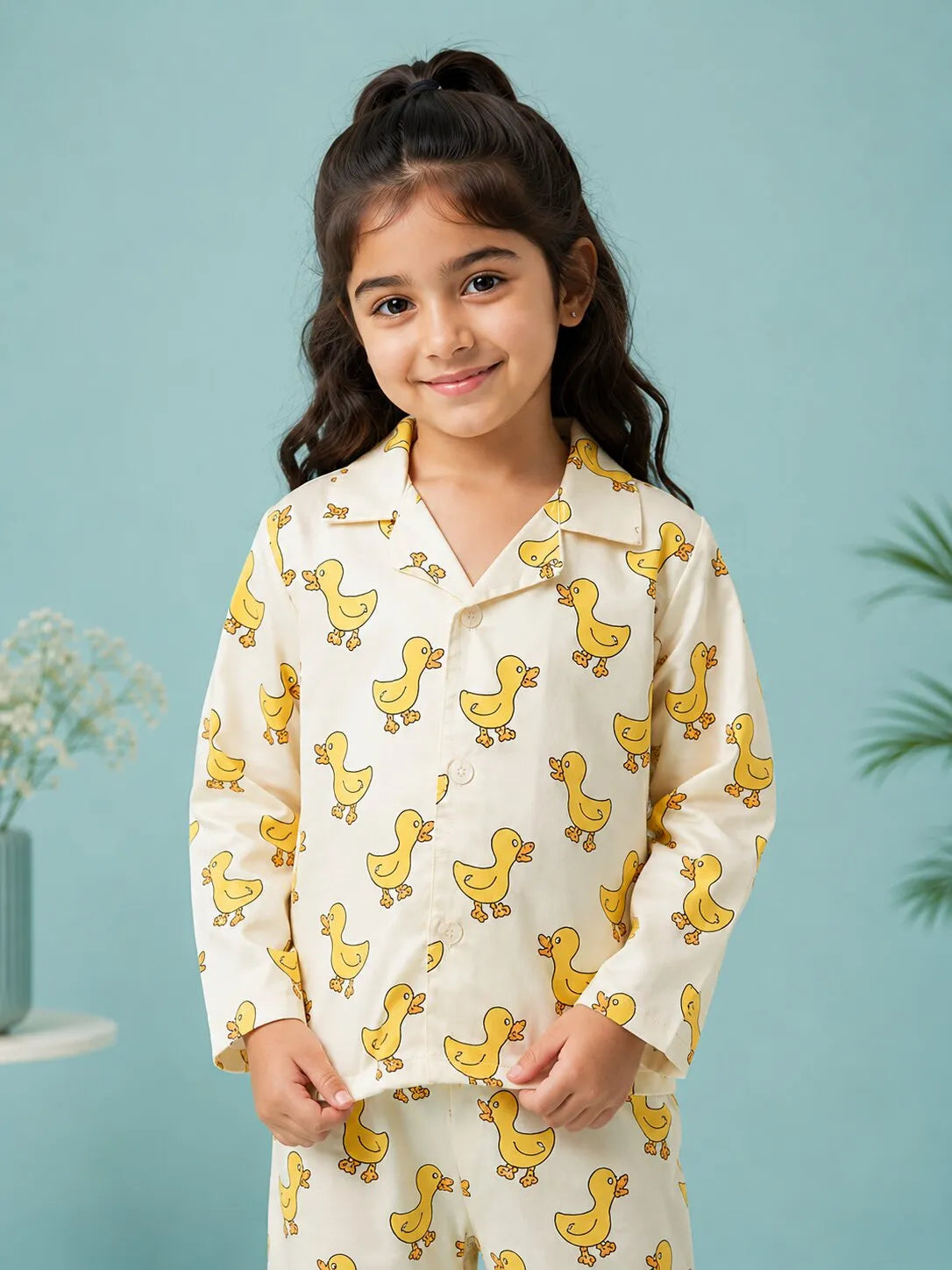 Girls Off-White & Yellow Satin Duck Printed Nightsuit