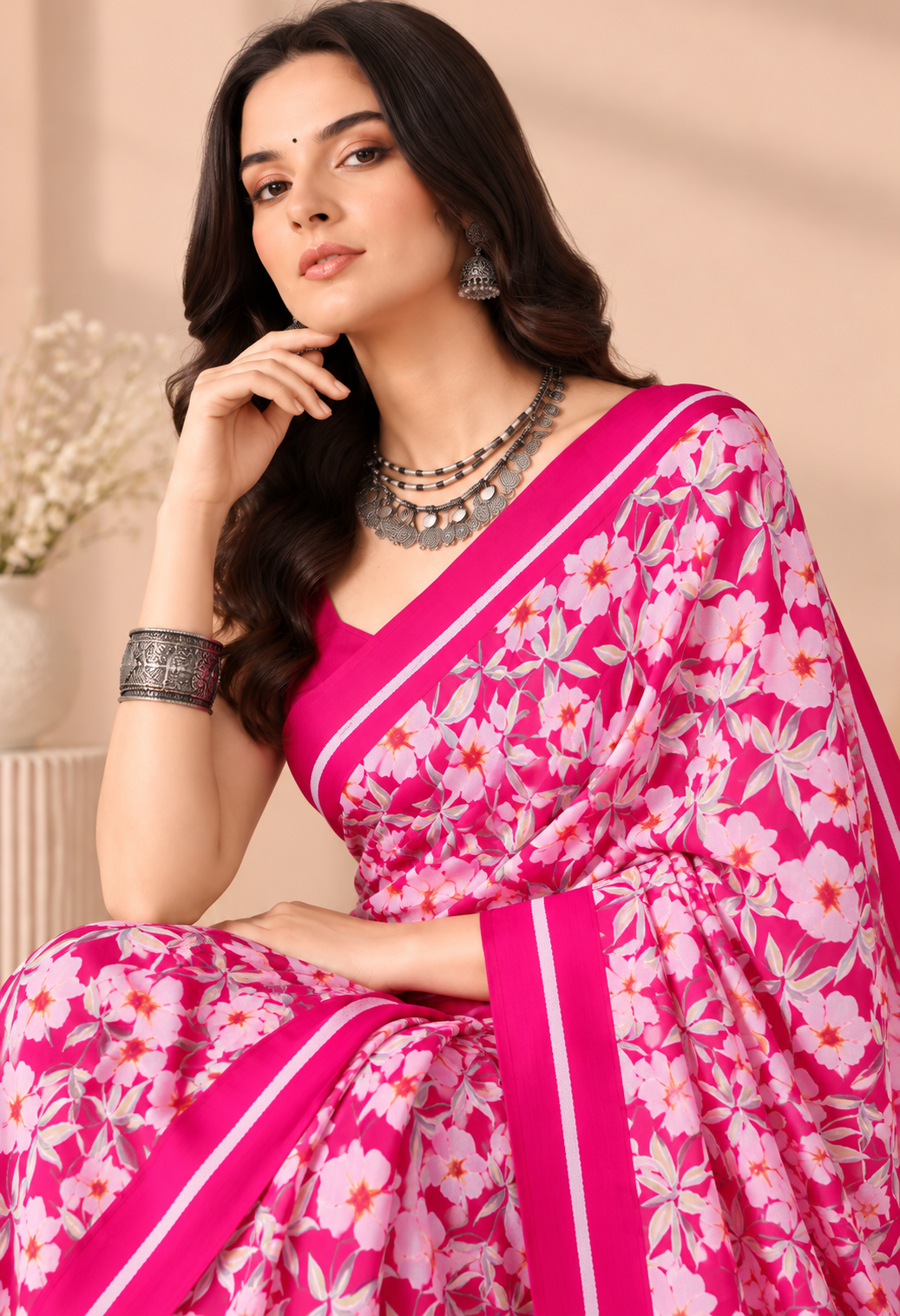 Elegant Pink Georgette Saree with Floral Print and Designer Border