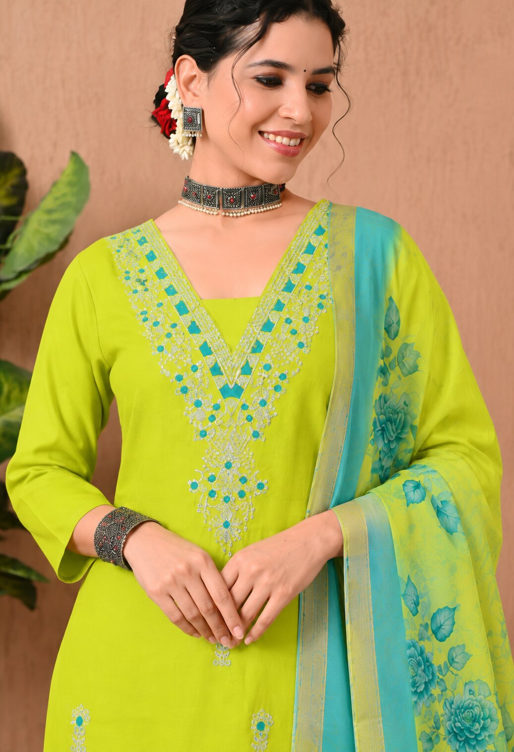 Lime Green Chanderi Silk Embroidered Suit Set with Organza Dupatta