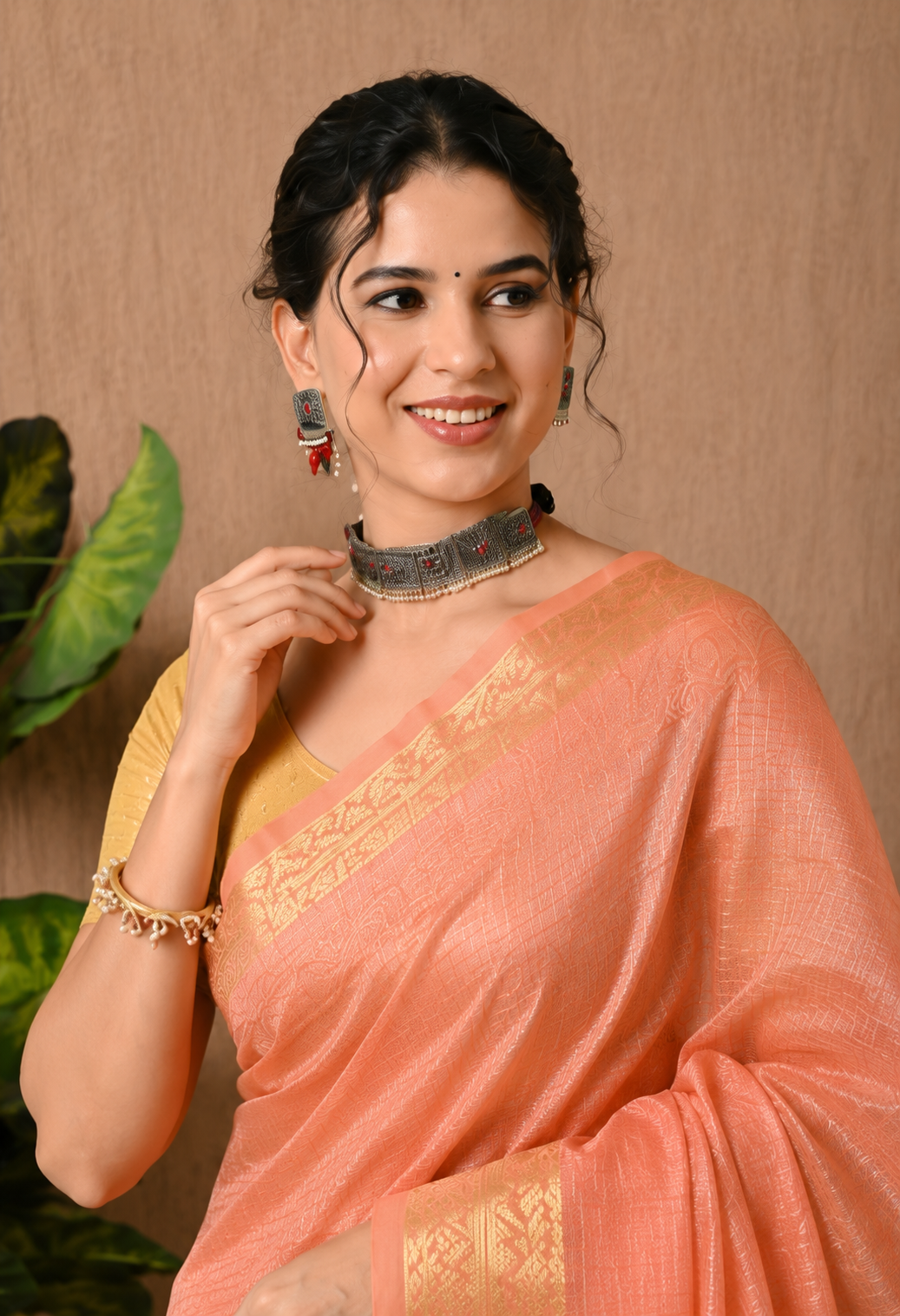 Peach Cotton Saree with Golden Woven Border
