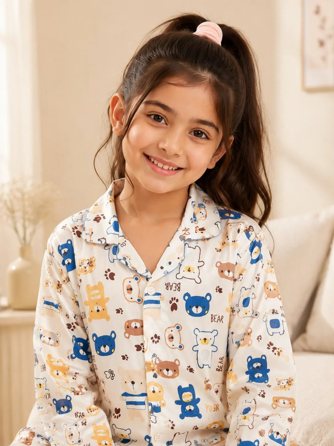 Girls Bear Print Luxury Satin Night Suit – Full Sleeve Shirt & Pajama Sleepwear Set