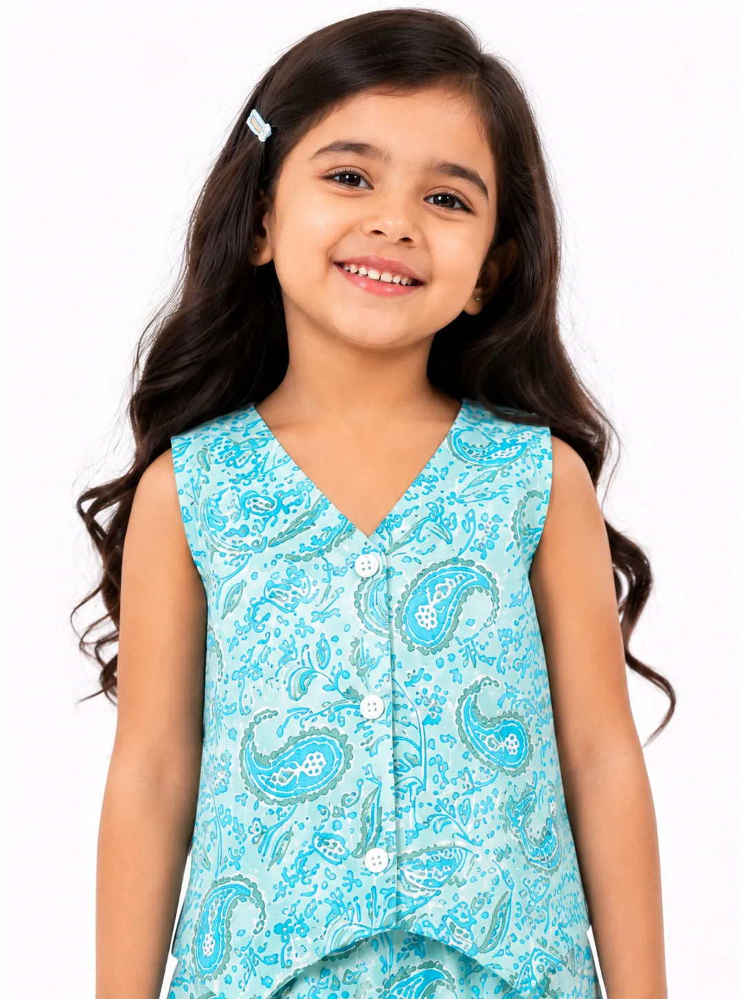 Girls Aqua Blue Paisley Printed V-Neck Sleeveless Vest & Wide-Leg Co-Ord Set