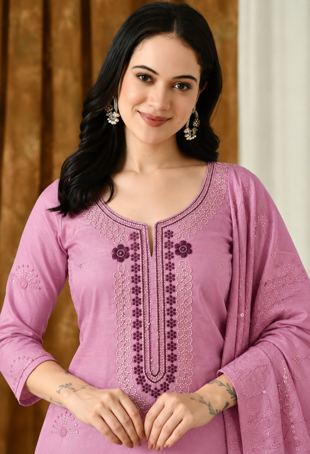 Dusty Pink Chanderi Silk Embroidered Anarkali Suit Set with Organza Dupatta