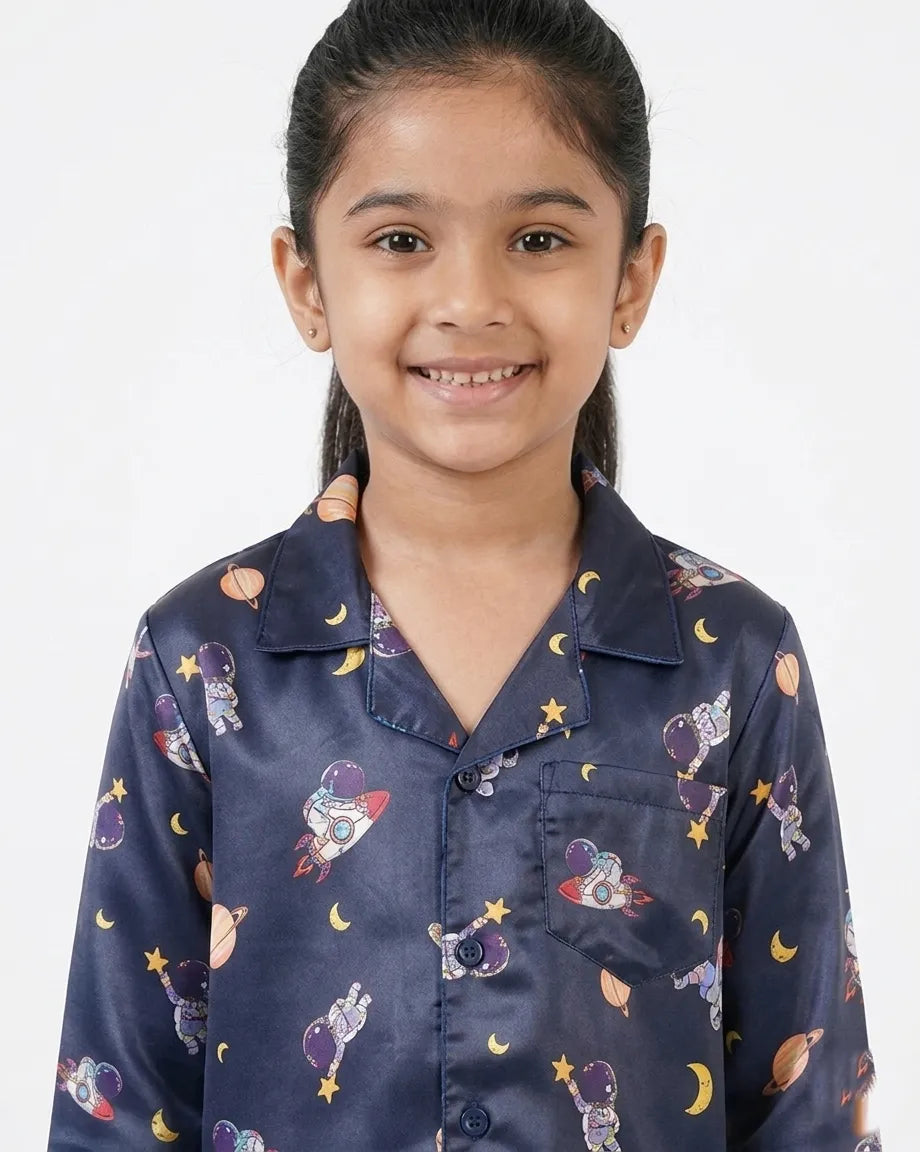 Girls  Navy Blue & Multi Satin Space Print Nightsuit Set