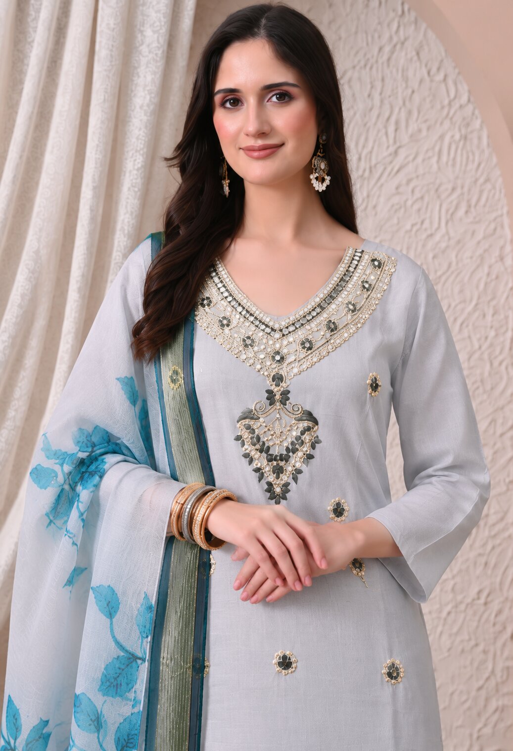 Grey Chanderi Silk Embroidered Kurta Set with Organza Dupatta