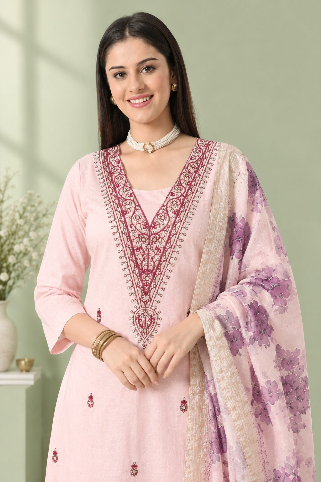 Pink Chanderi Silk Embroidered Suit Set with Organza Dupatta