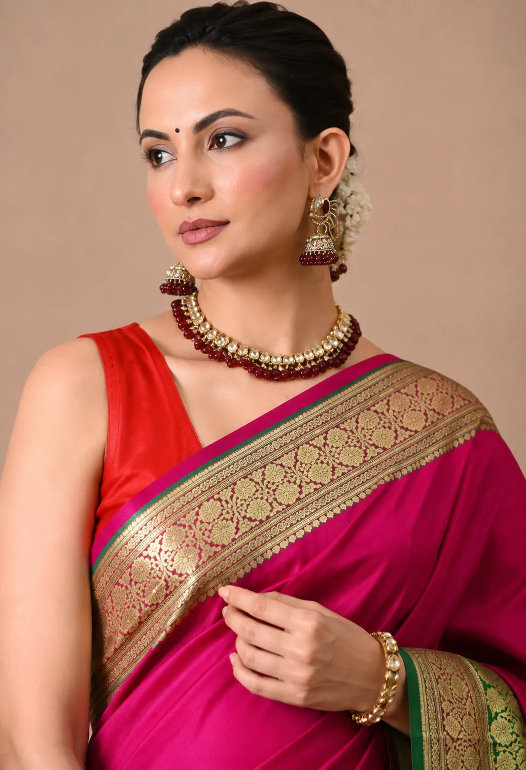 Rani Pink Silk Saree with Zari Borders and Green Contrast Pallu