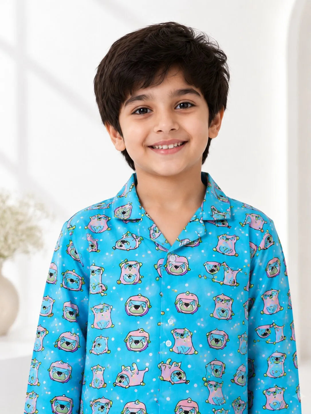 Boys Light Blue & Pink Pug Printed Pure Cotton Night Suit