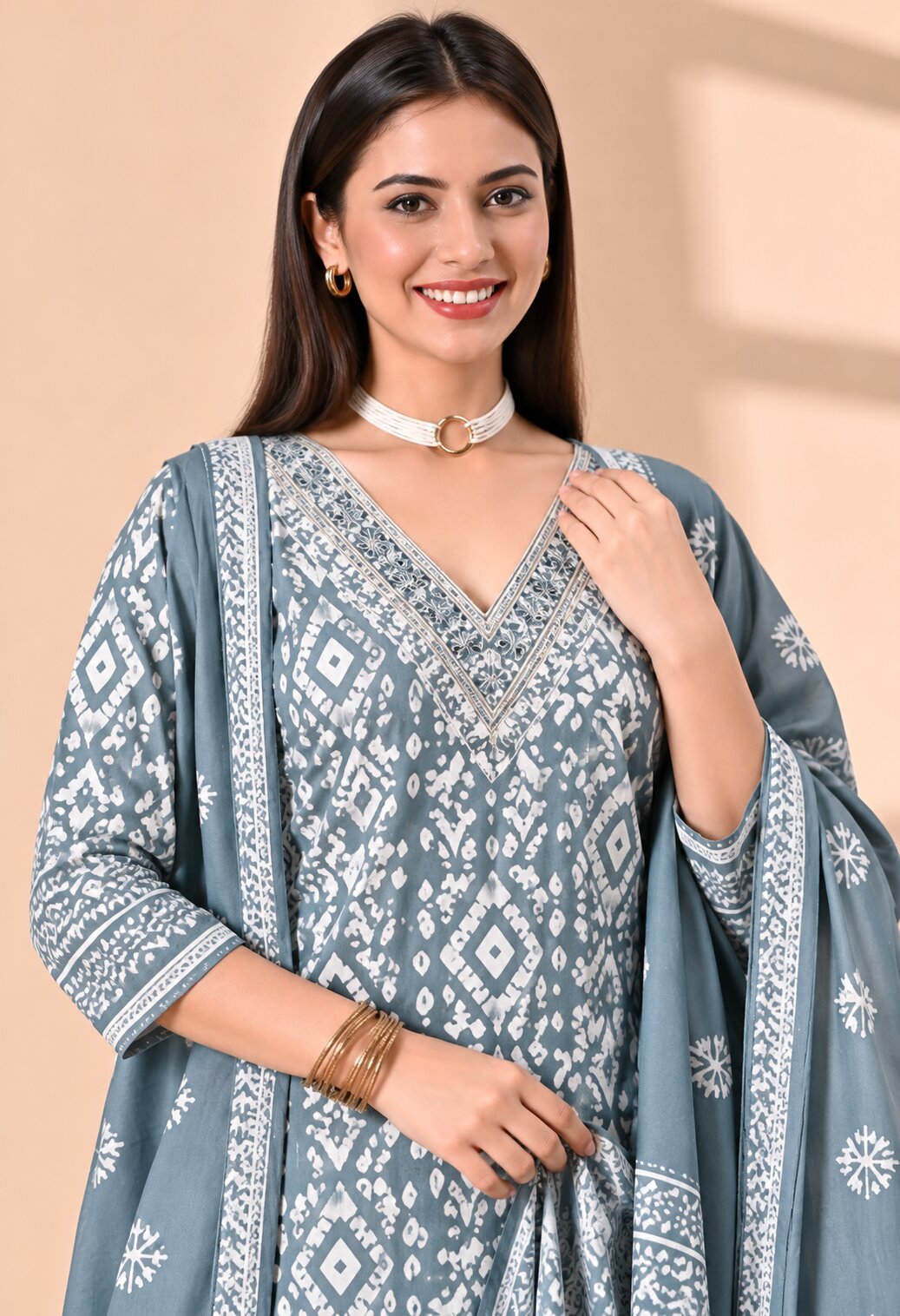 Grey Blue Cotton Printed Suit Set with Matching Cotton Dupatta for Women