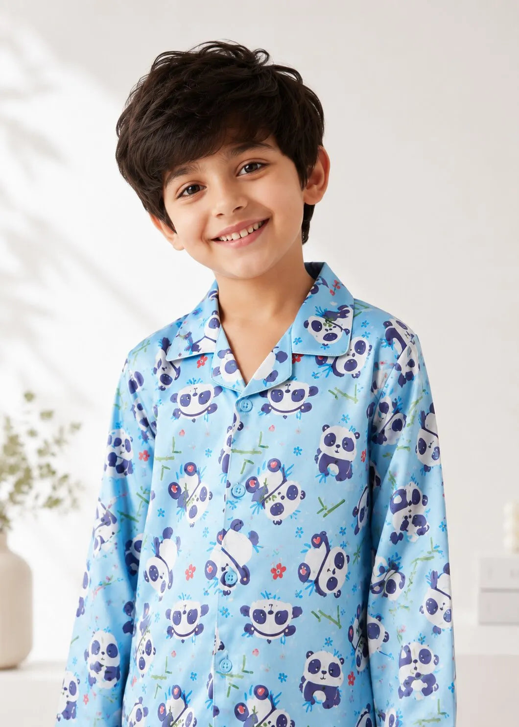 Boys Sky Blue Panda Graphic Printed Satin Night Suit