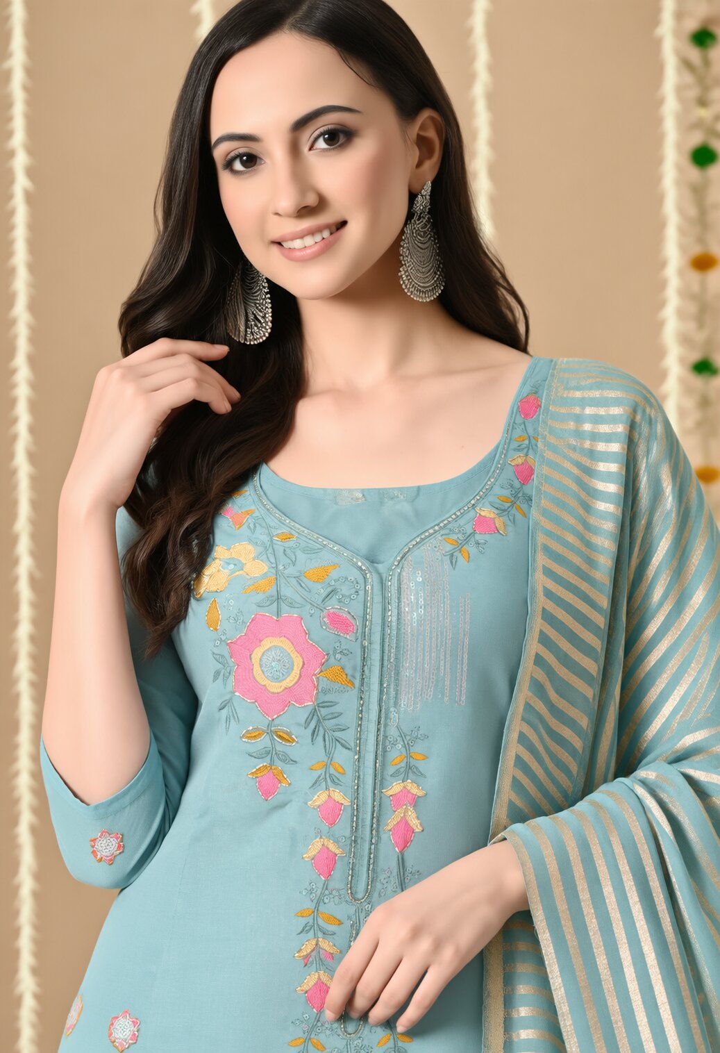Aqua Blue Chanderi Silk Embroidered Suit Set with Organza Dupatta