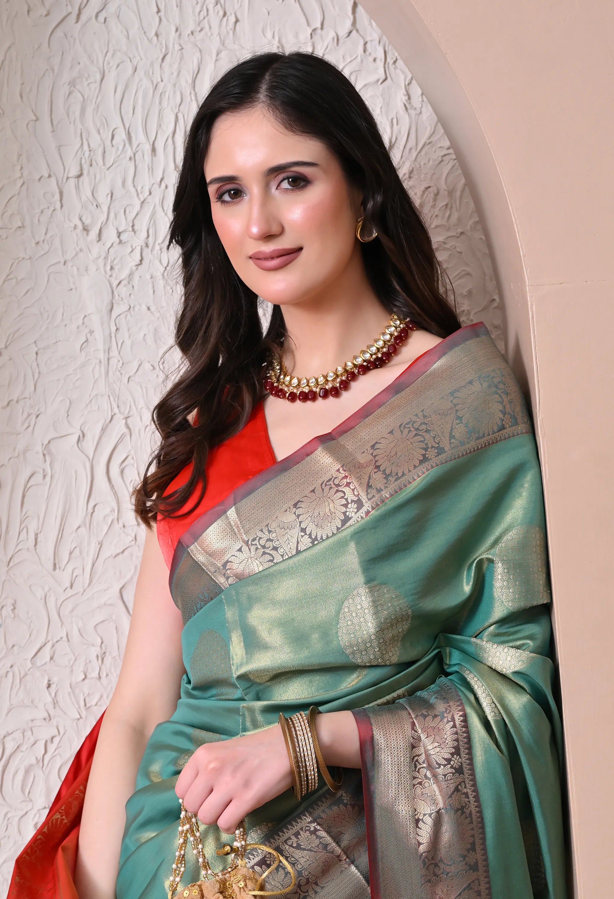 Silk Blend Saree in Seafoam Green & Coral Red