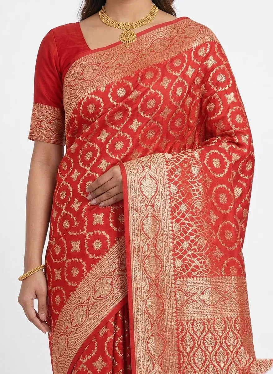 Red & Gold-Toned Ethnic Motifs Woven Design Banarasi Saree