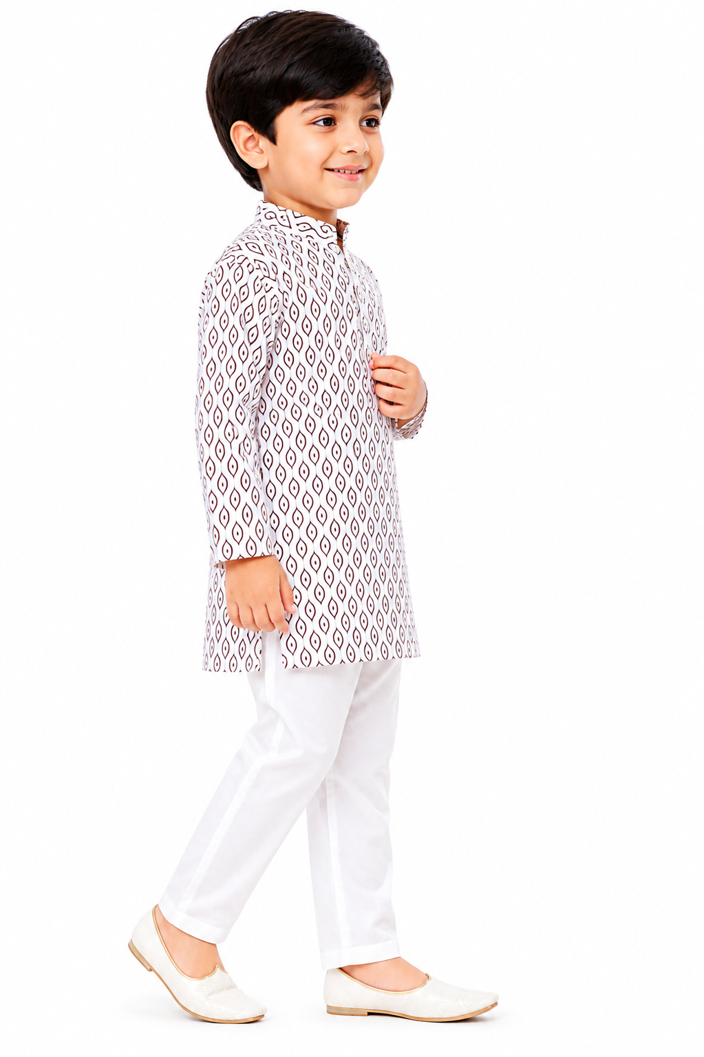 Boys Off-White Geometric Leaf Print Cotton Kurta with Pyjama Set