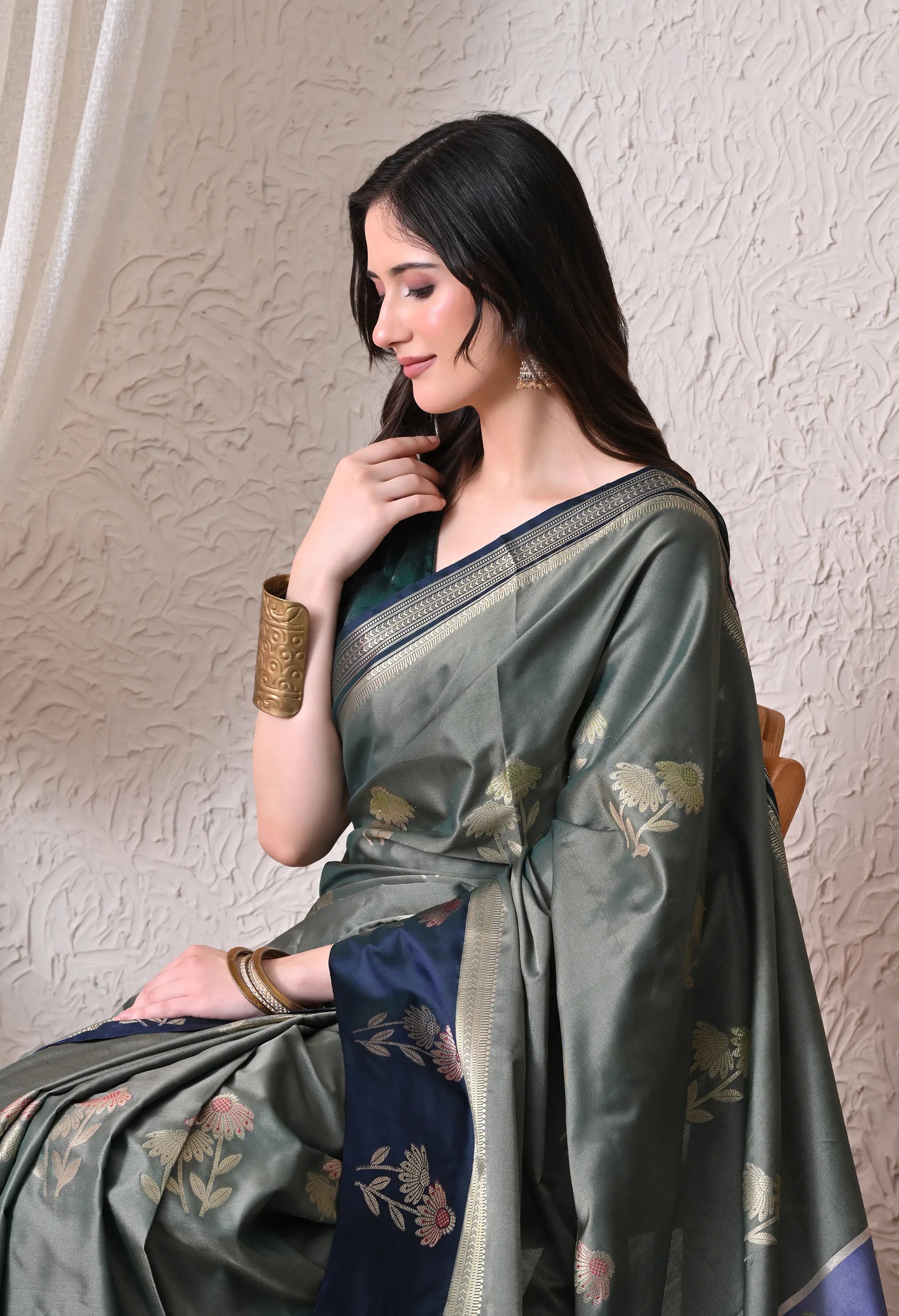 Contemporary Olive Grey and Navy Blue Silk Blend Saree