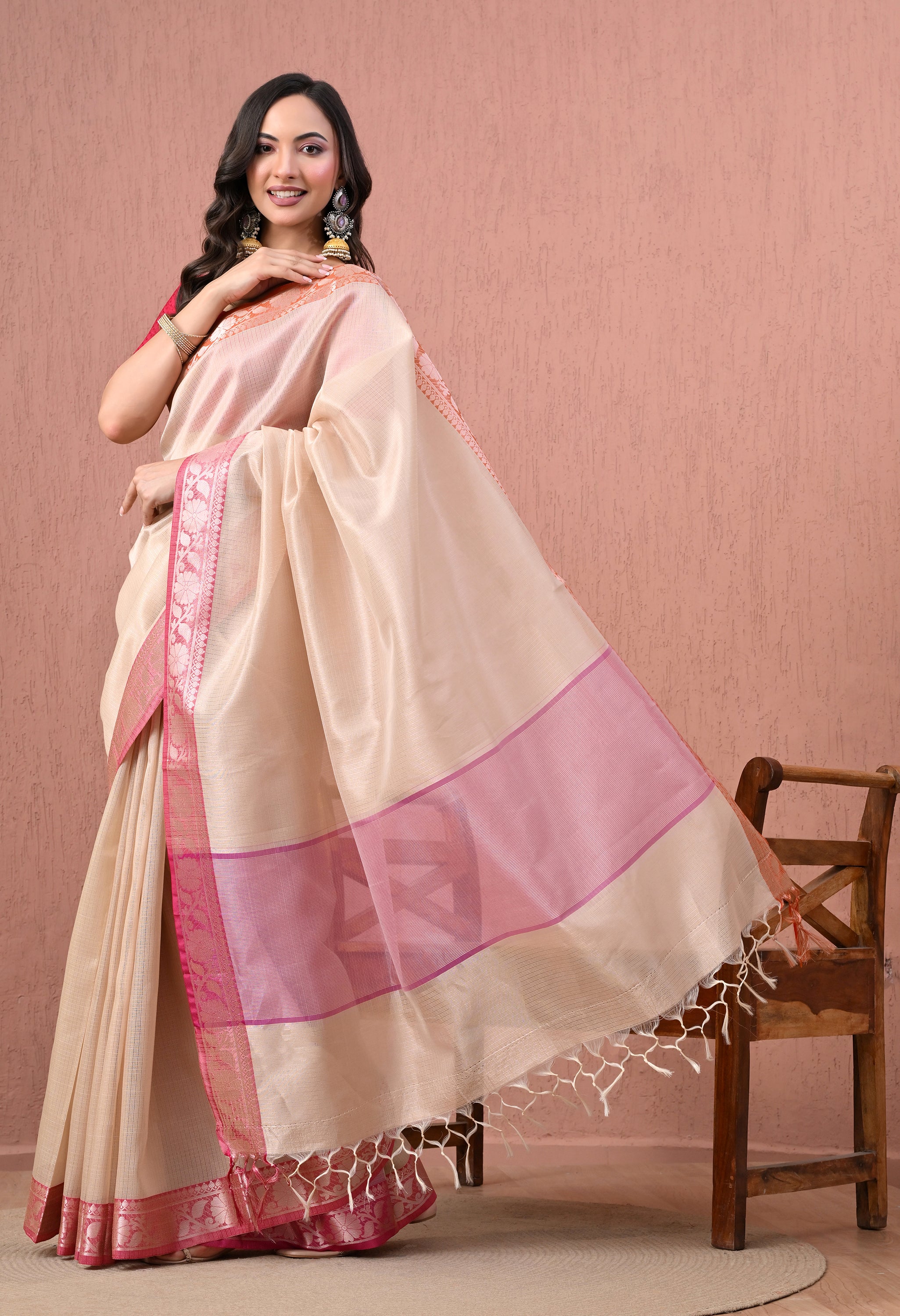 Pure Cotton Saree in Beige with Zari Border and Contrast Rani Pink Pallu