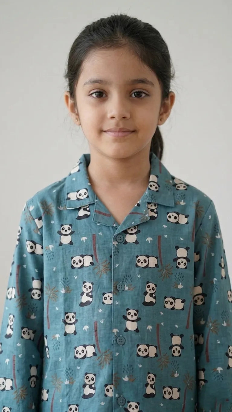 Girls Blue Panda Printed Satin Night Suit