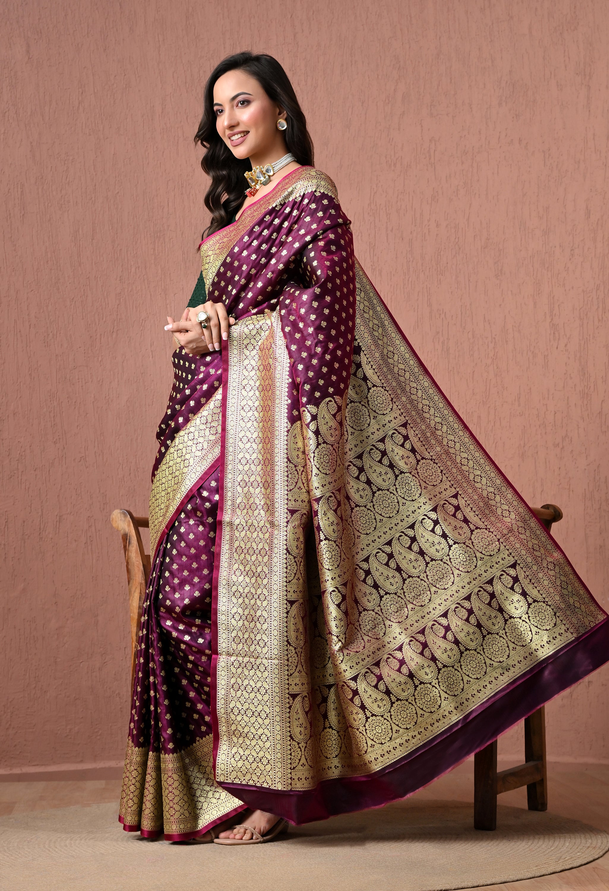 Pure Silk Banarasi Saree in Magenta-Purple with Intricate Gold Zari