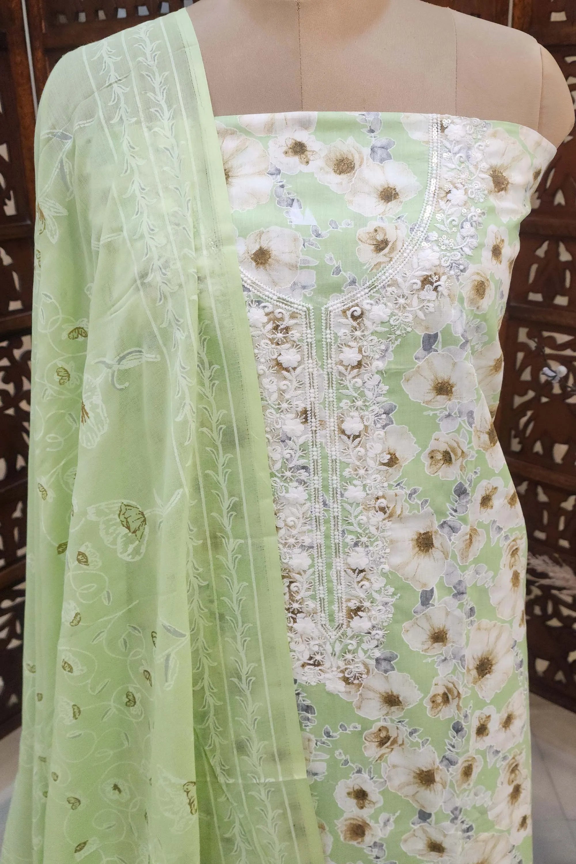 Seafoam Green & White Floral Printed Pure Cotton Unstitched Dress Material with Embroidered Neckline