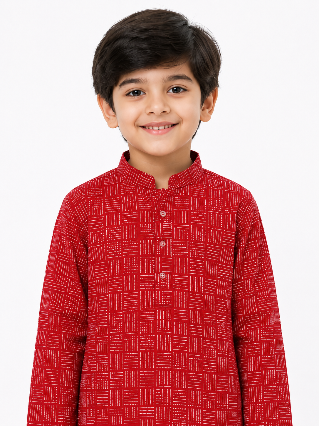 Boys Red & White Geometric Printed Pure Cotton Kurta with Pyjamas