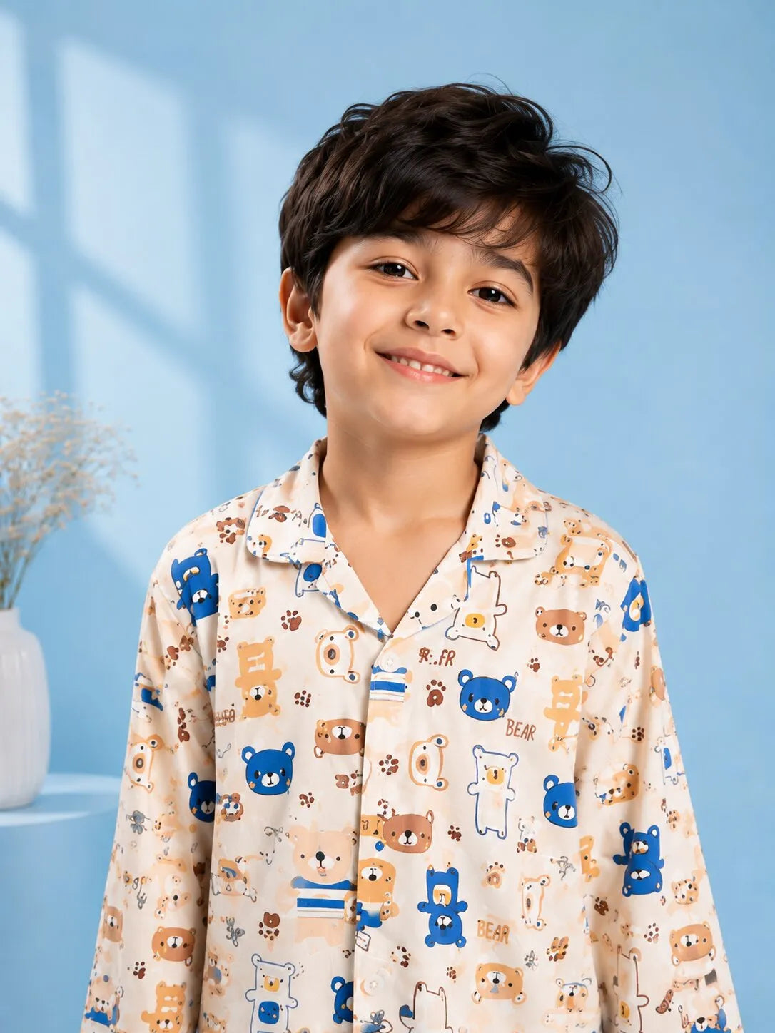 Boys' Bear Print Luxury Satin Night Suit – Full Sleeve Shirt & Pajama Sleepwear Set