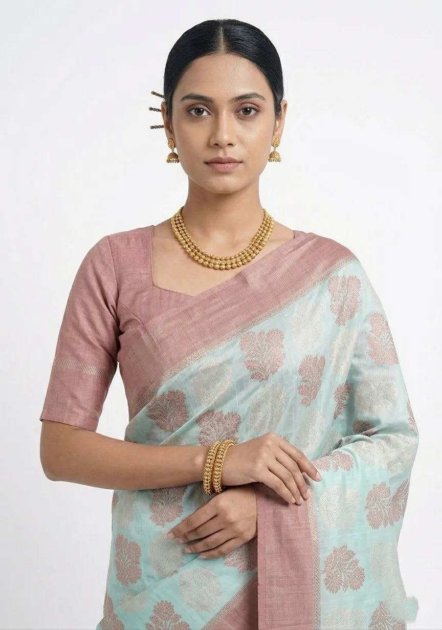 Steel Blue & Silver-Toned Woven Design Banarasi Saree