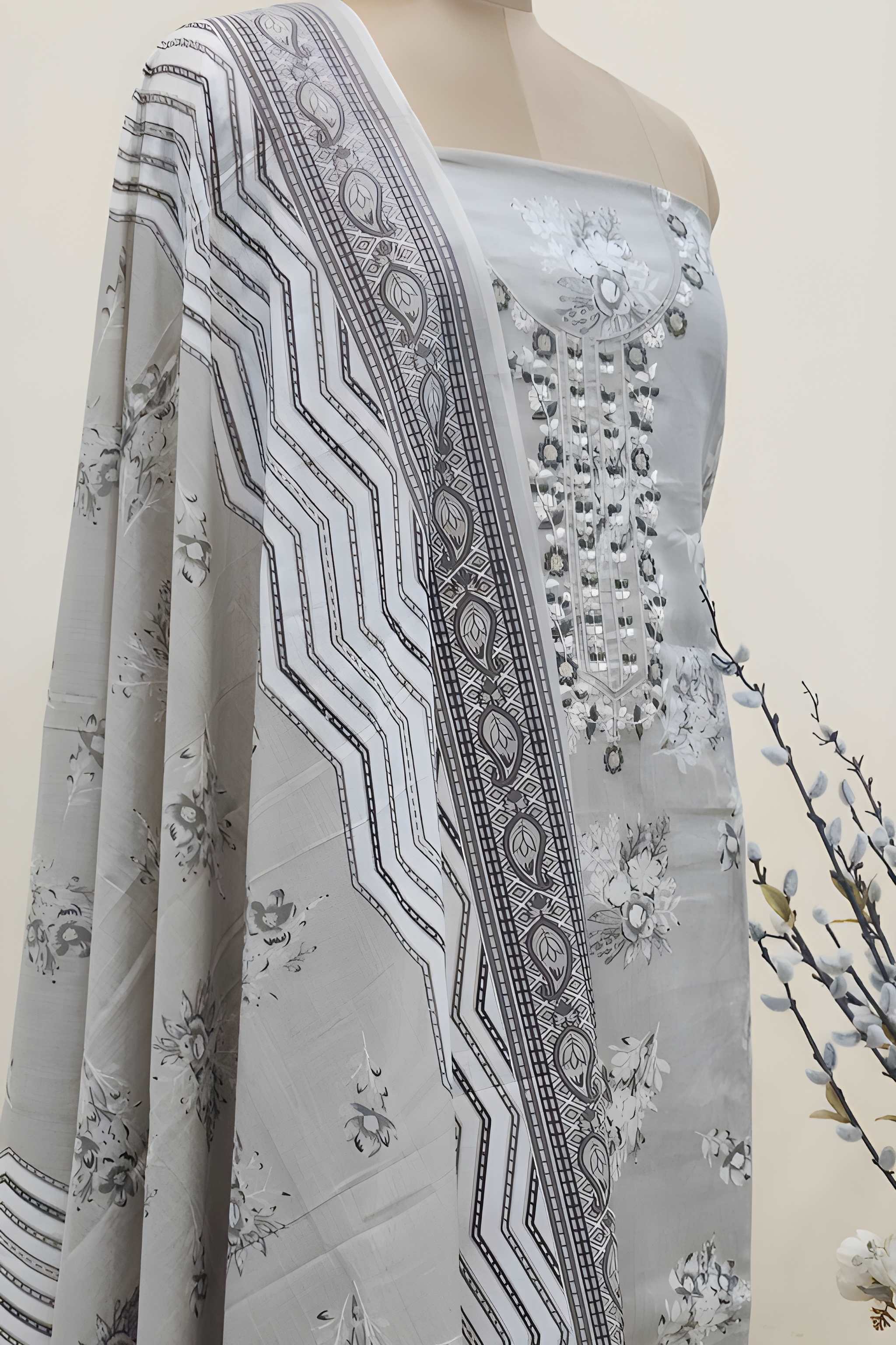 Women's  Grey Floral Printed Cotton Unstitched Suit Set