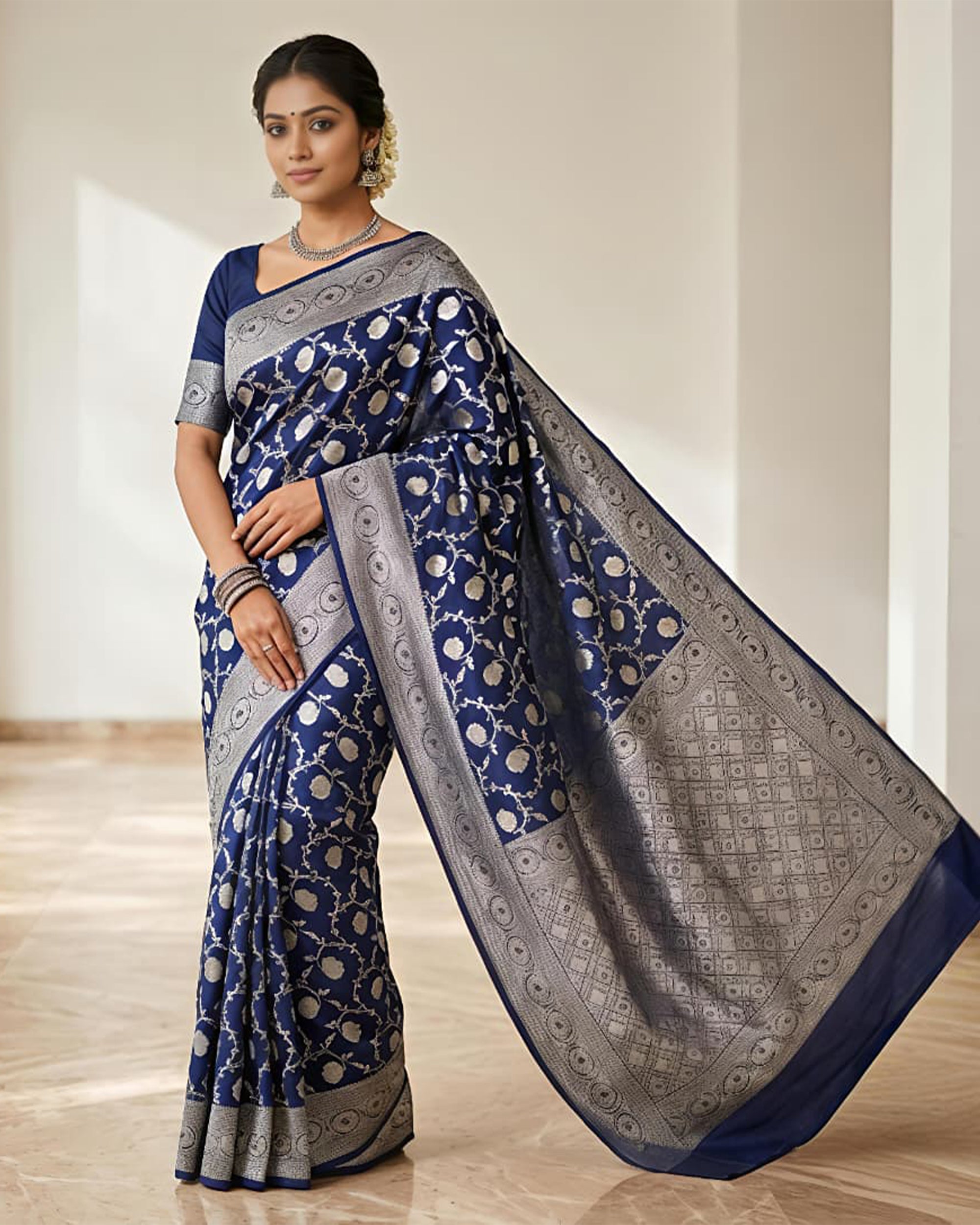 Navy Blue & Silver-Toned Silk Blend Woven Design Banarasi Saree