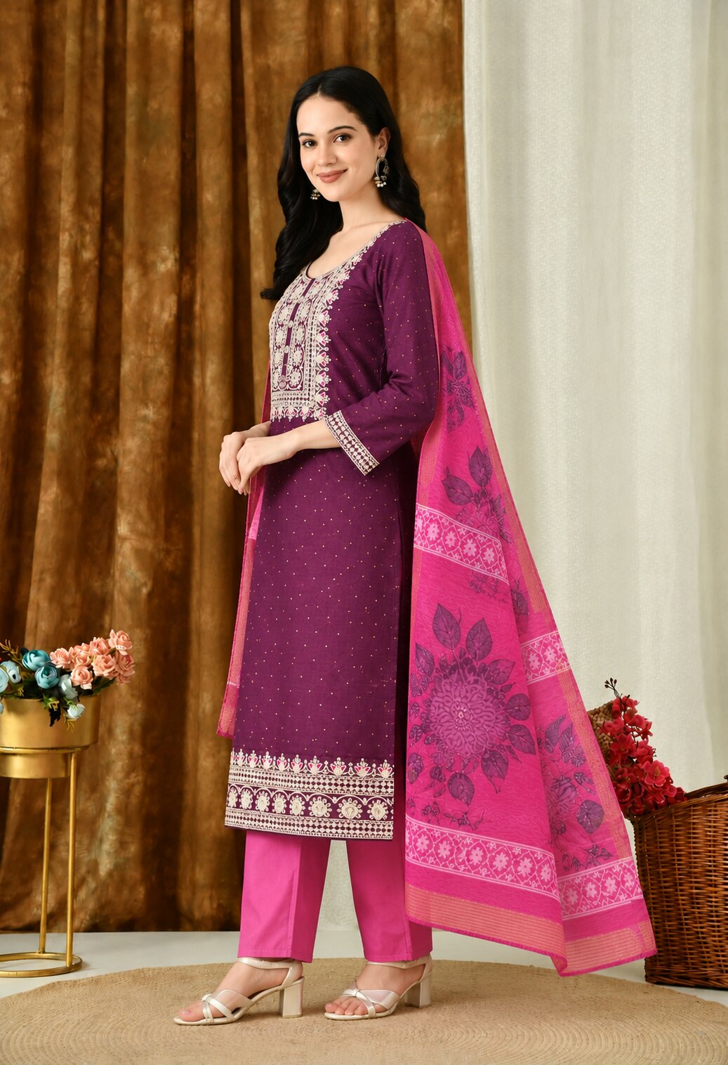 Wine Purple Chanderi Silk Embroidered Suit Set with Pink Organza Dupatta for Women