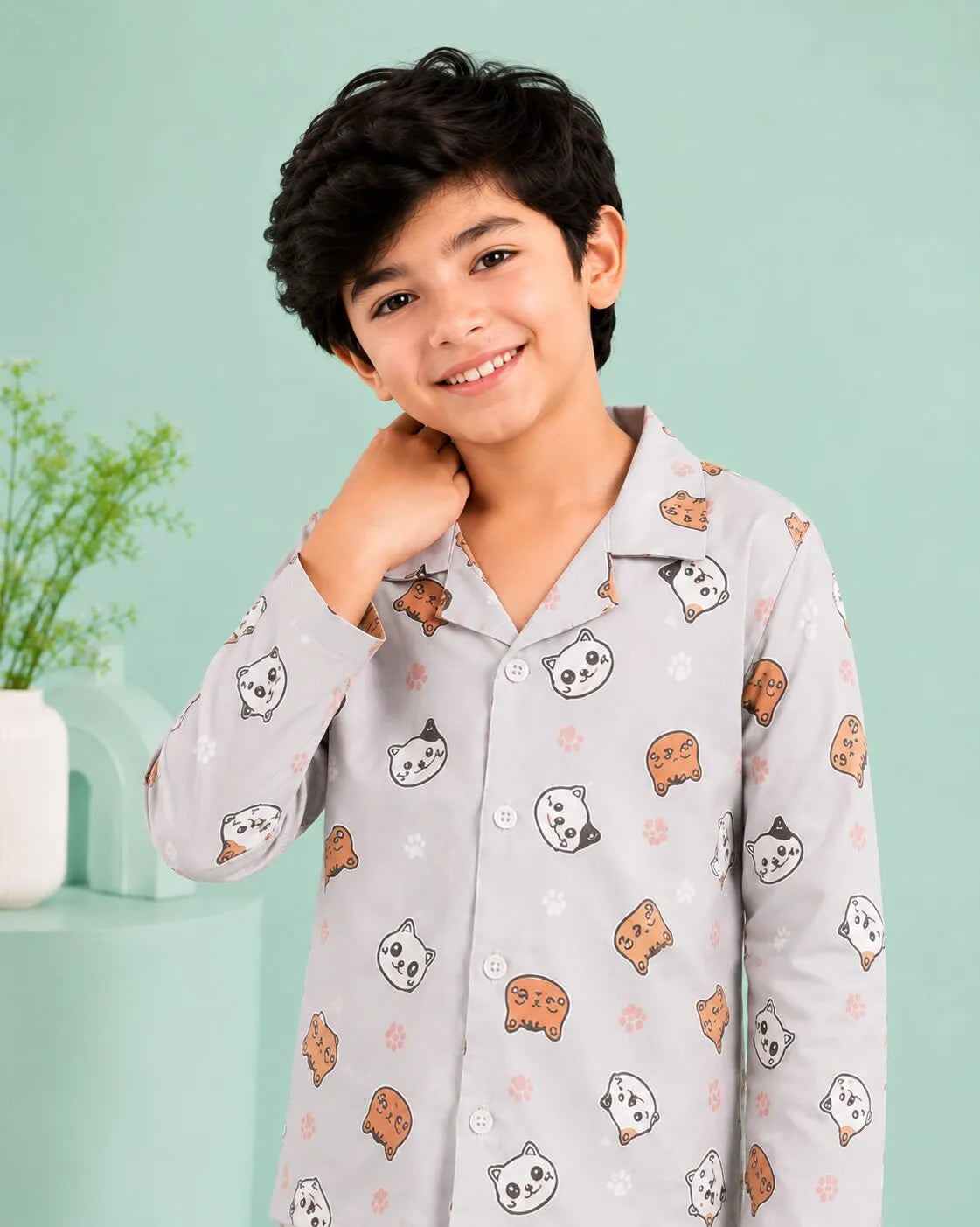 Kids Boys Grey & Orange Cat Printed Satin Night Suit