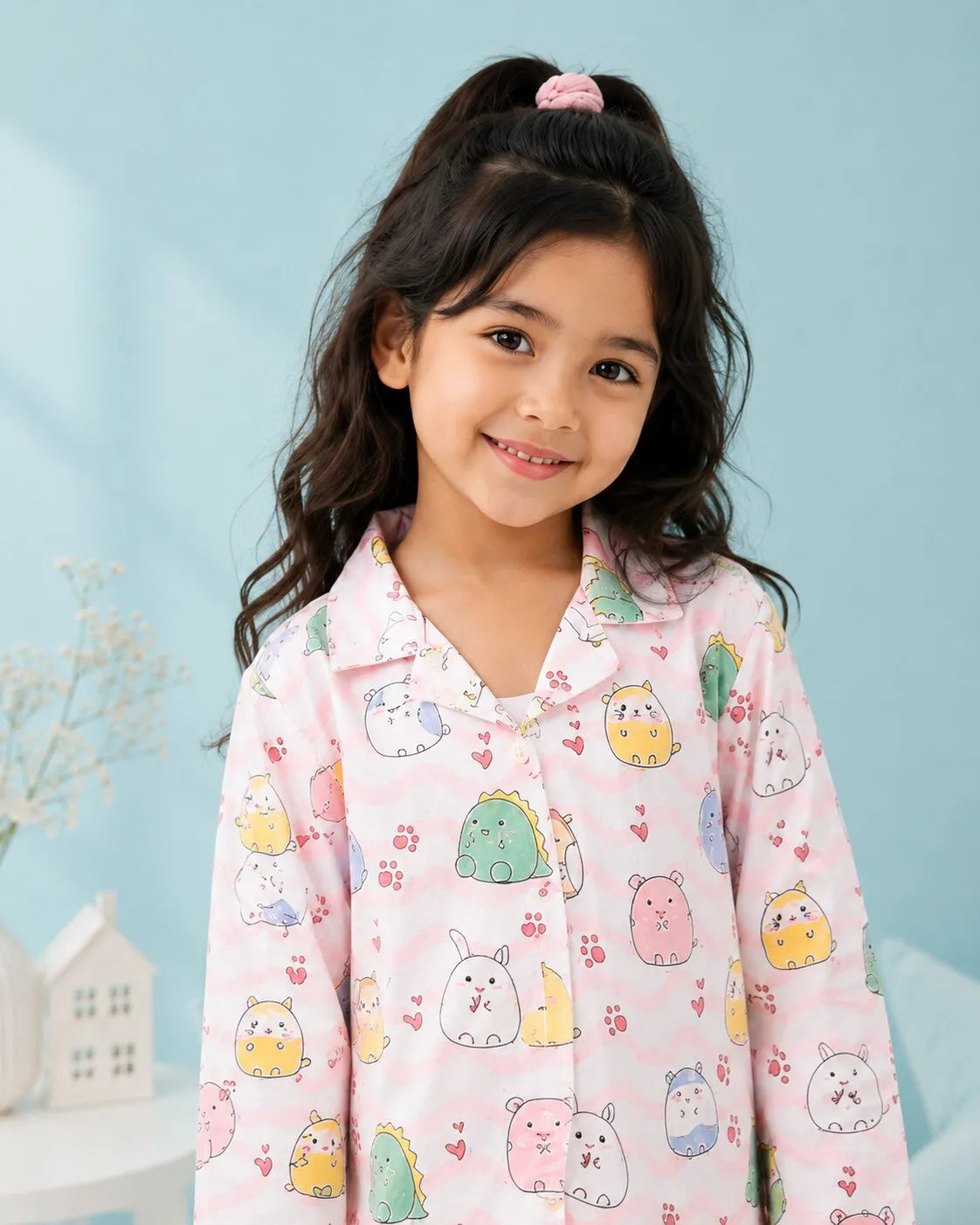 Girls Whimsical Animal & Wave Print Premium Satin Night Suit – Full Sleeve Shirt & Pajama Set