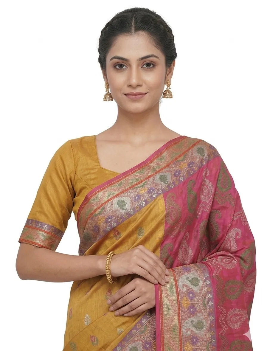 Women Mustard Yellow & Pink Printed Chanderi Silk Saree with Unstitched Blouse