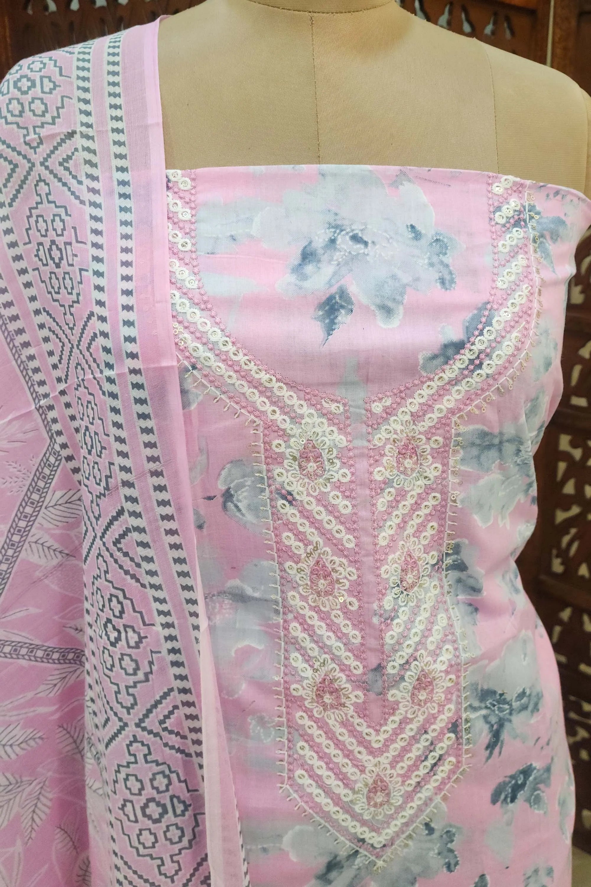 Lavender & Grey Floral Printed Cotton Unstitched Dress Material with Sequinned Embroidery