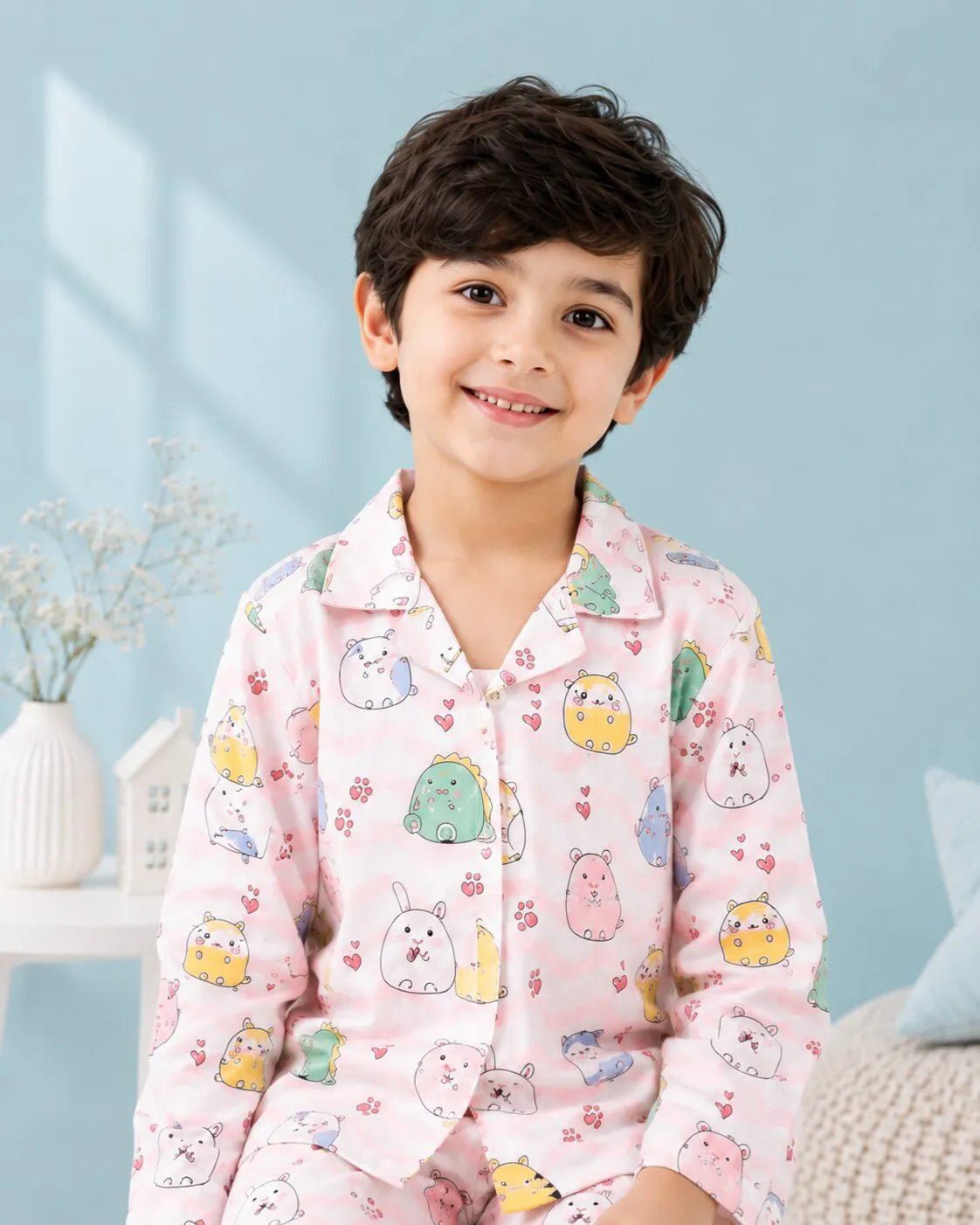 Boys' Whimsical Animal & Wave Print Premium Satin Night Suit – Full Sleeve Shirt & Pajama Set
