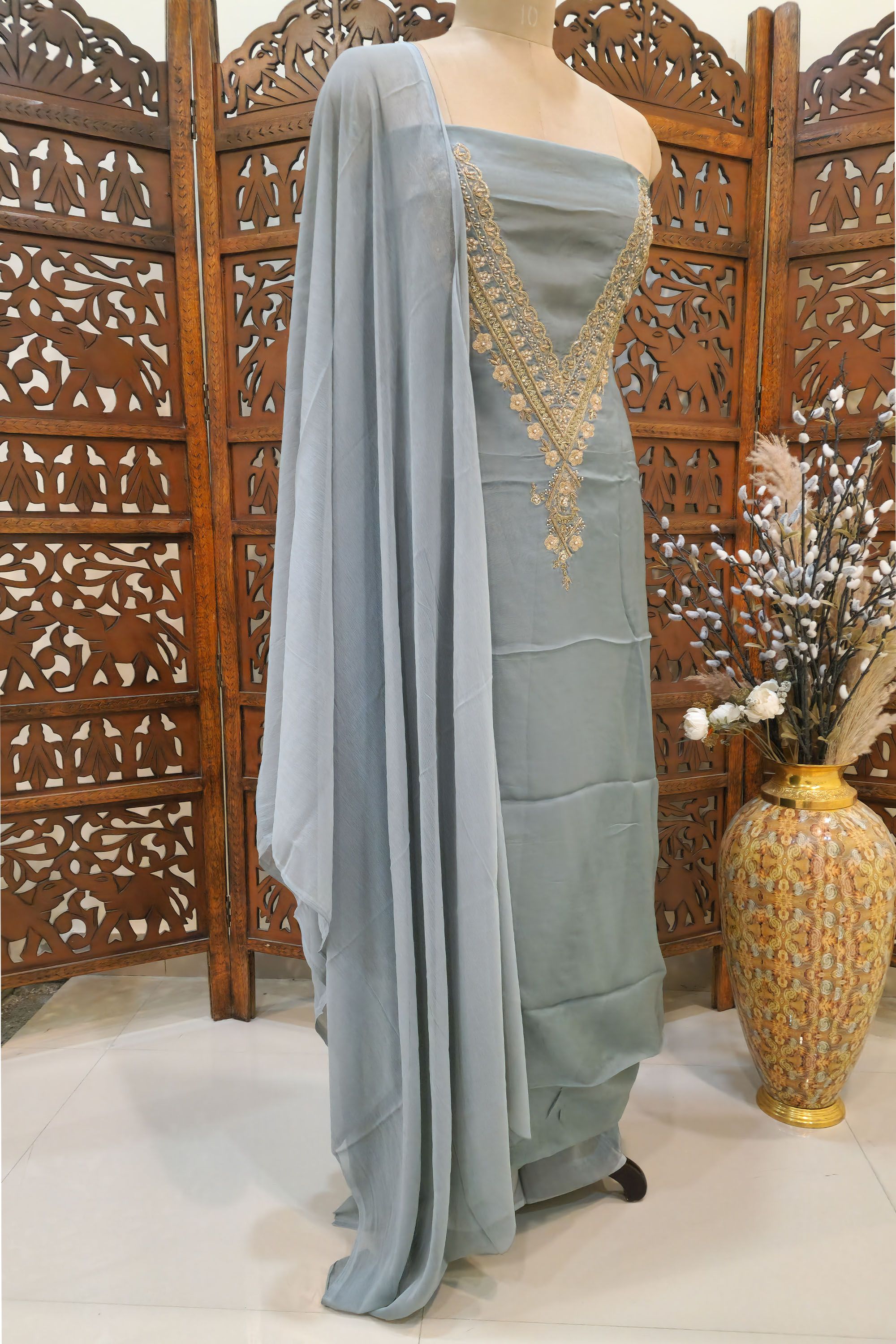 Grey Cotton Unstitched Suit Set