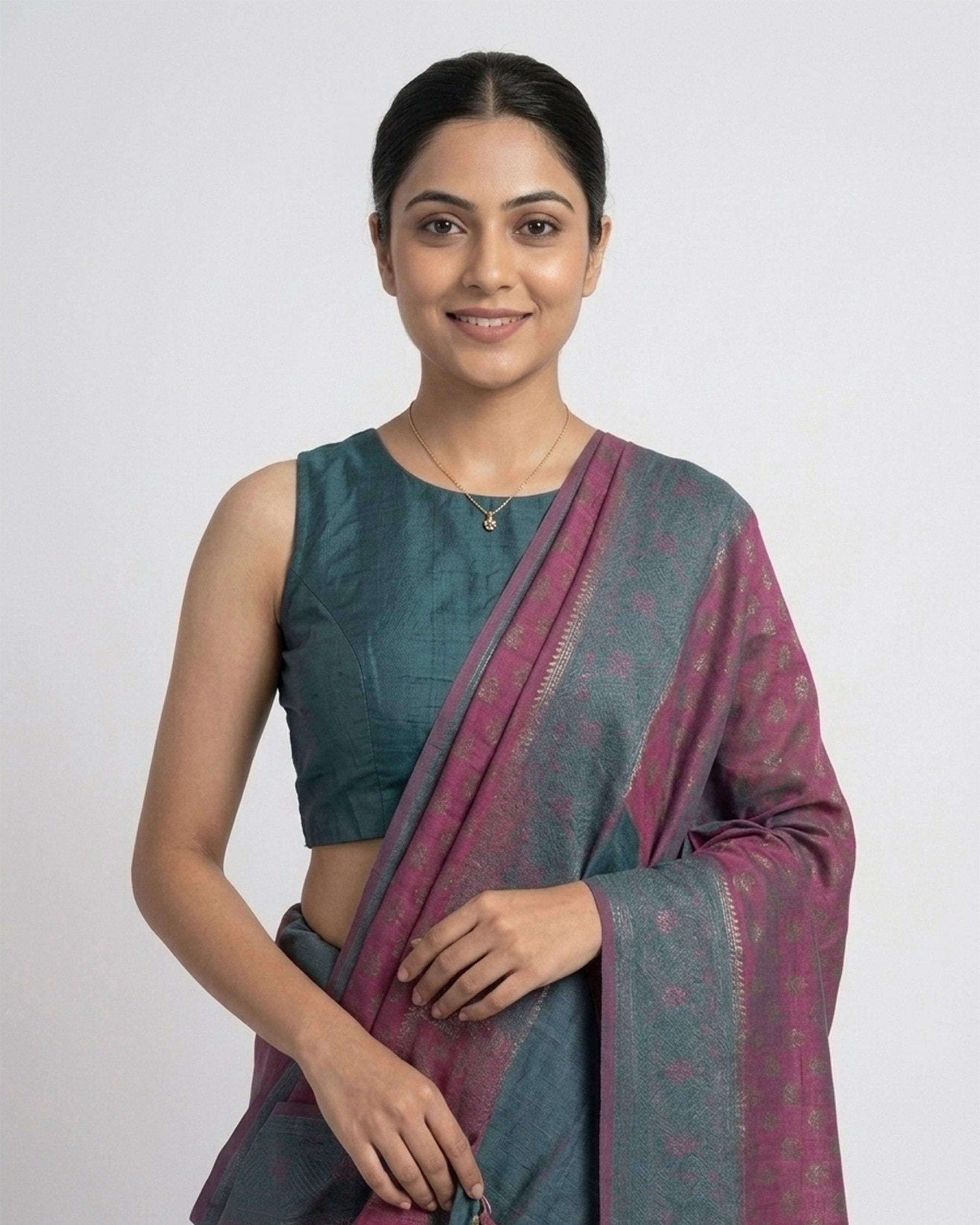 Magenta & Teal Blue Ethnic Motifs Woven Design Zari Silk Blend Saree