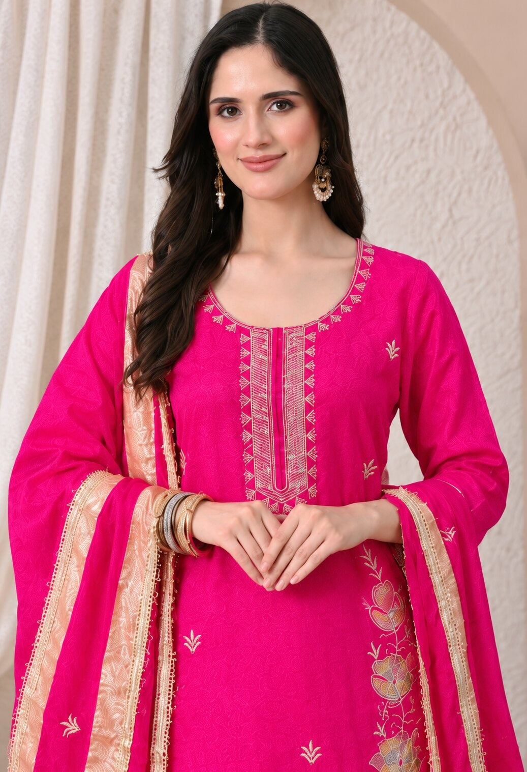 Rani Pink Chanderi Silk Embroidered Suit Set with Organza Dupatta
