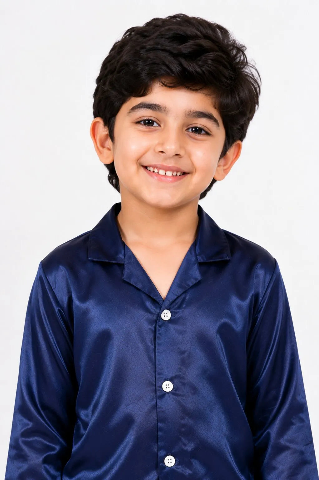 Boys' Navy Blue Luxury Satin Night Suit Set – Smooth Full-Sleeve Shirt & Relaxed Pyjamas
