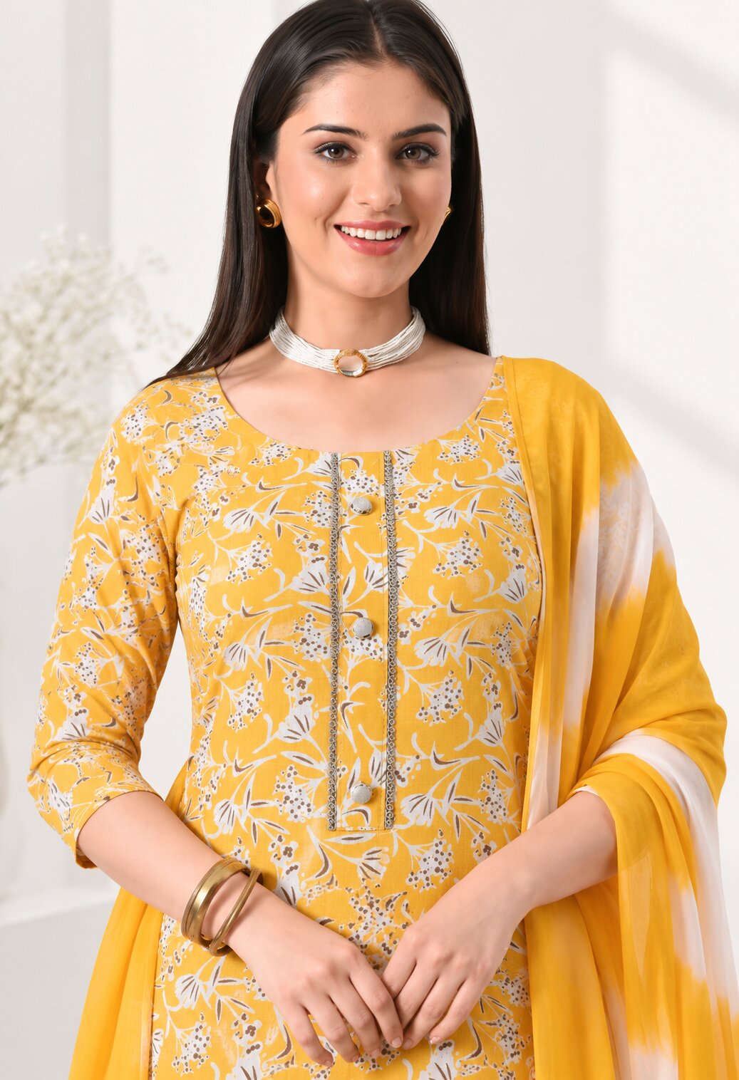 Yellow Cotton Printed Straight Kurta Set with Chiffon Dupatta
