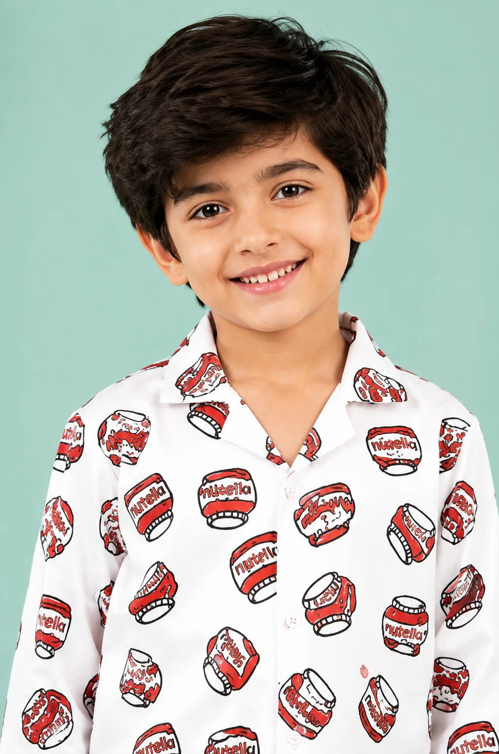 Kids' Satin Nutella Print Night Suit – White & Red