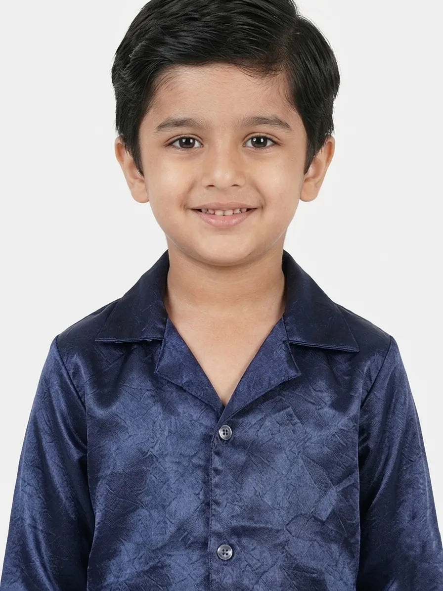 Boys' Navy Blue Luxury Satin Night Suit Set – Smooth Full-Sleeve Shirt & Relaxed Pyjamas