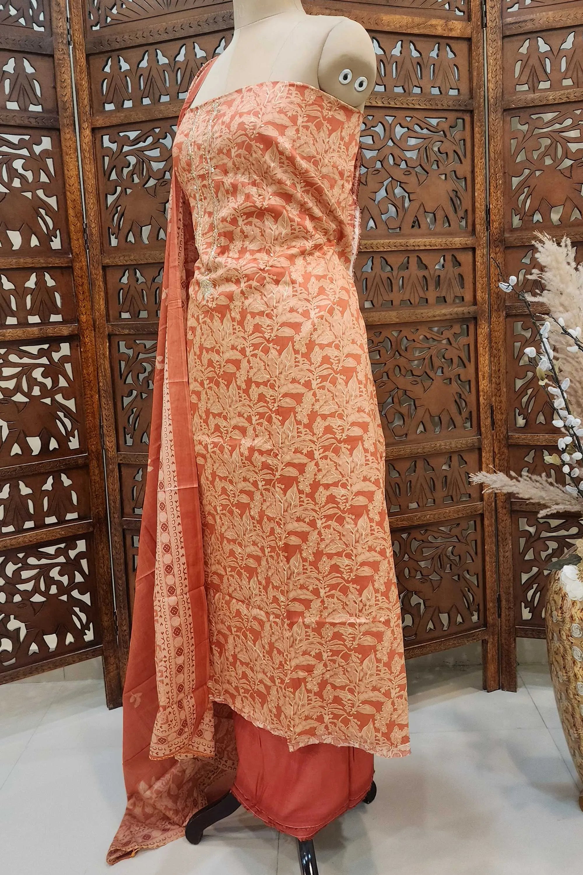 Peach & Off-White Floral Print Pure Cotton Unstitched Dress Material