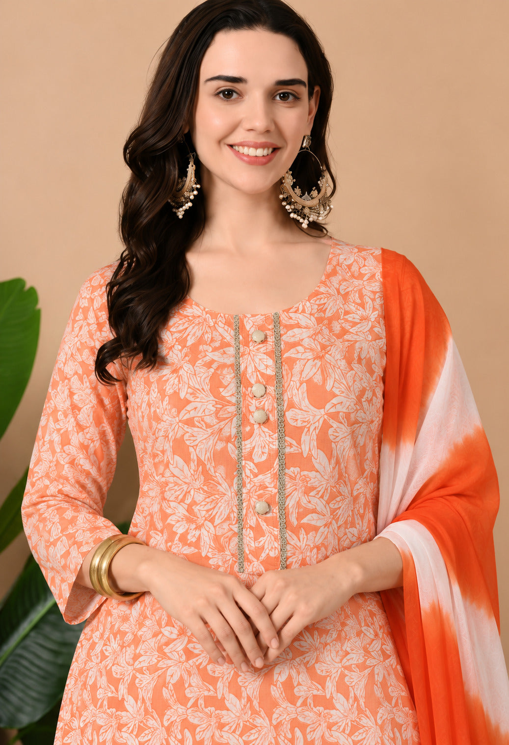 Women’s Orange and White Floral Printed Cotton Suit Set with Dupatta