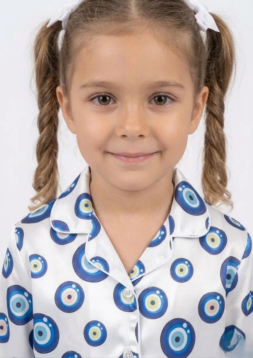 Girls' Evil Eye Printed Premium Satin Night Suit – Full Sleeve Shirt & Pajama Se