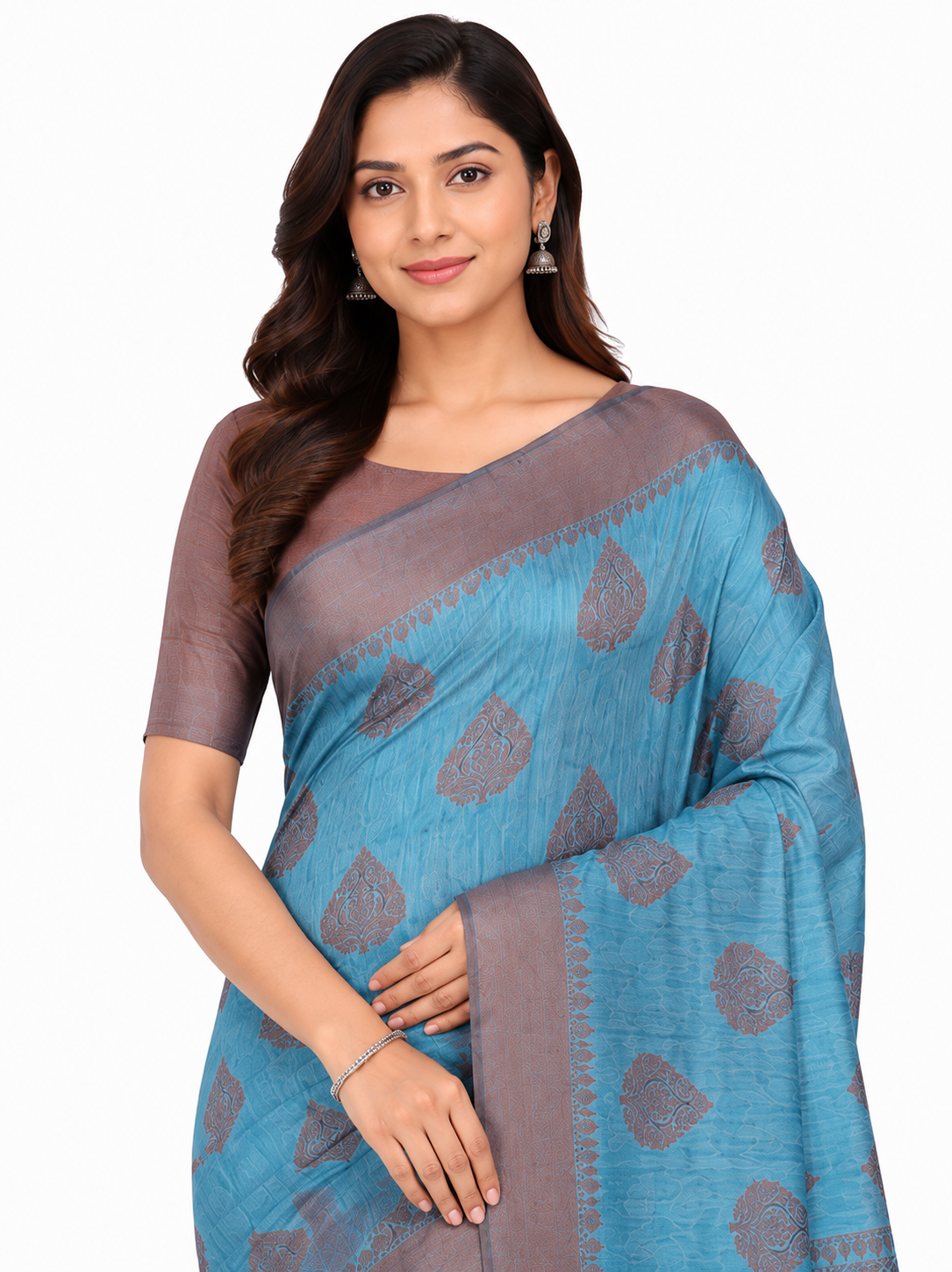 Teal Blue & Bronze-Toned Leaf Woven Design Banarasi Silk Saree with Unstitched Blouse
