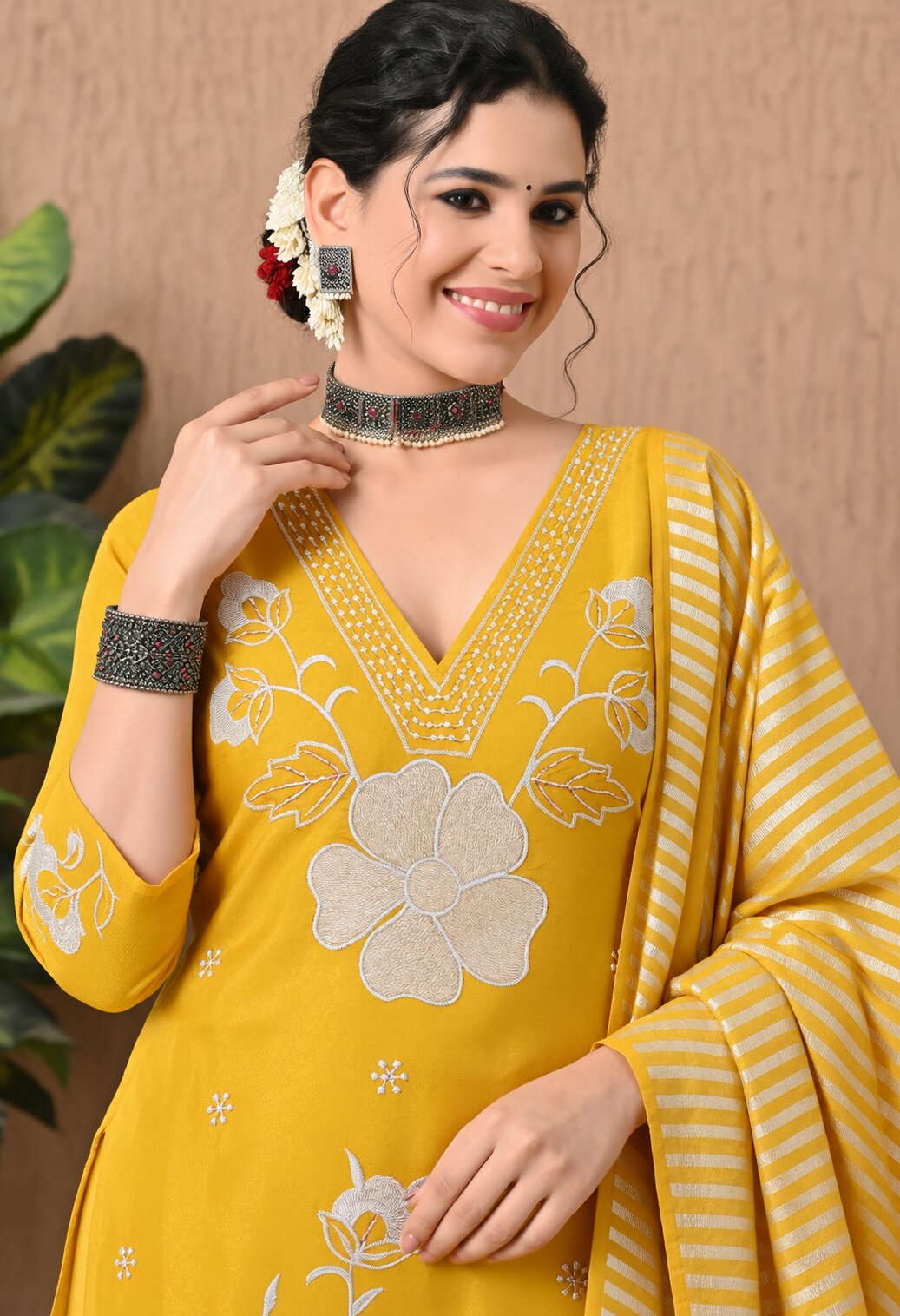 Mustard Yellow Chanderi Silk Floral Embroidered Suit Set with Organza Dupatta