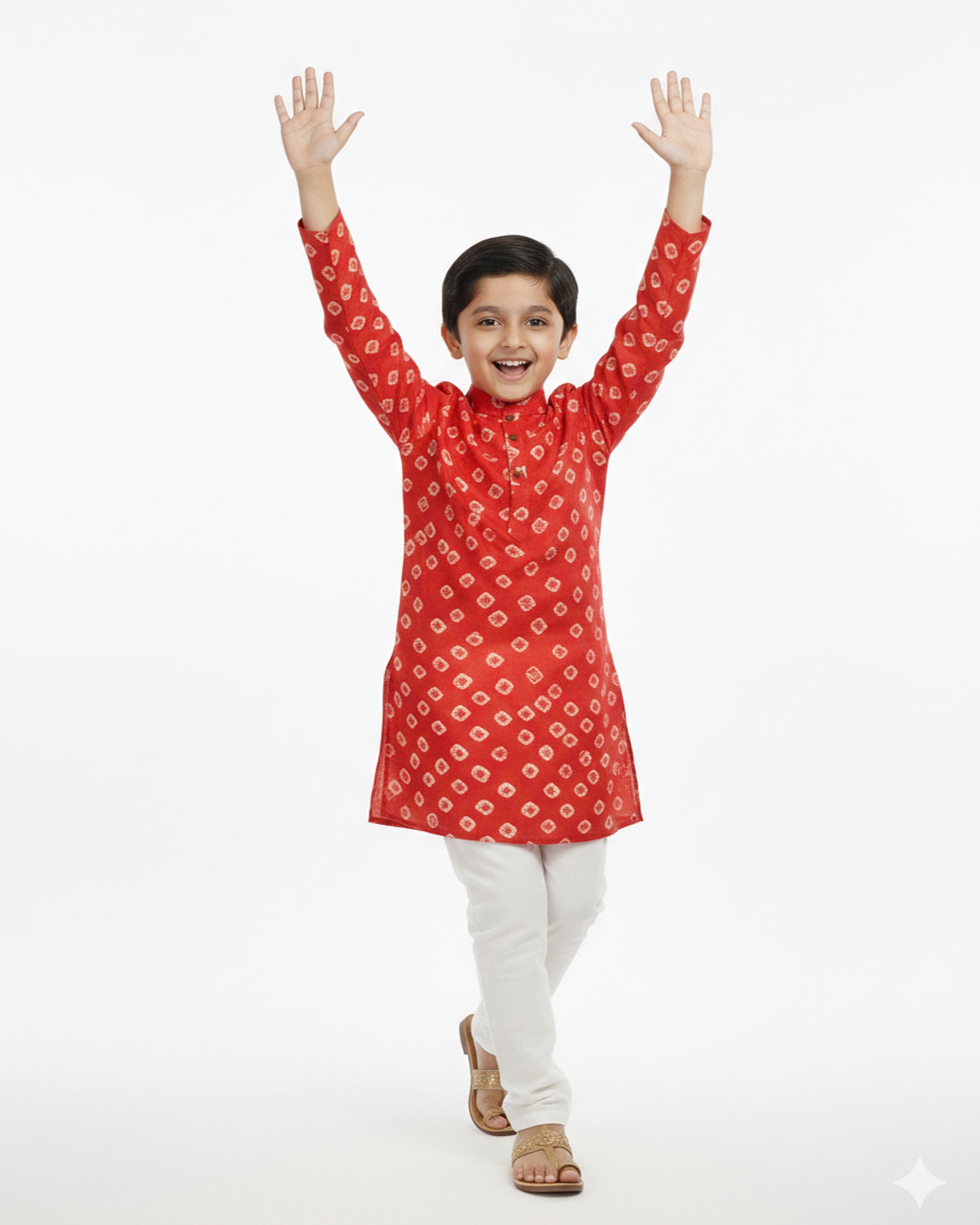 Boys Red & White Bandhani Printed Pure Cotton Kurta with Pyjamas