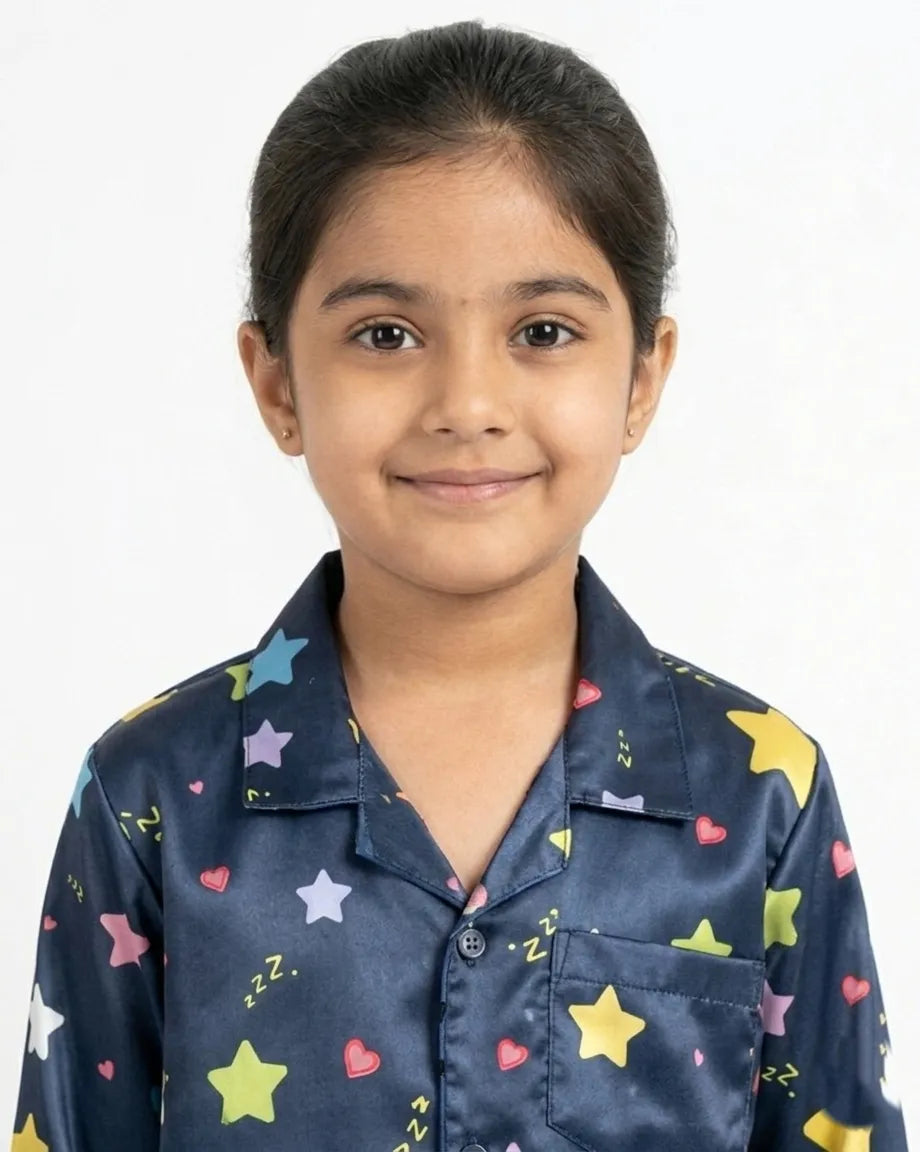 Girls Navy Blue & Multi-Colored Star Print Satin Night Suit