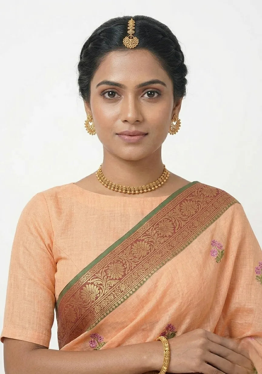 Peach-Colored Floral Embroidered  Silk Saree with Unstitched Blouse