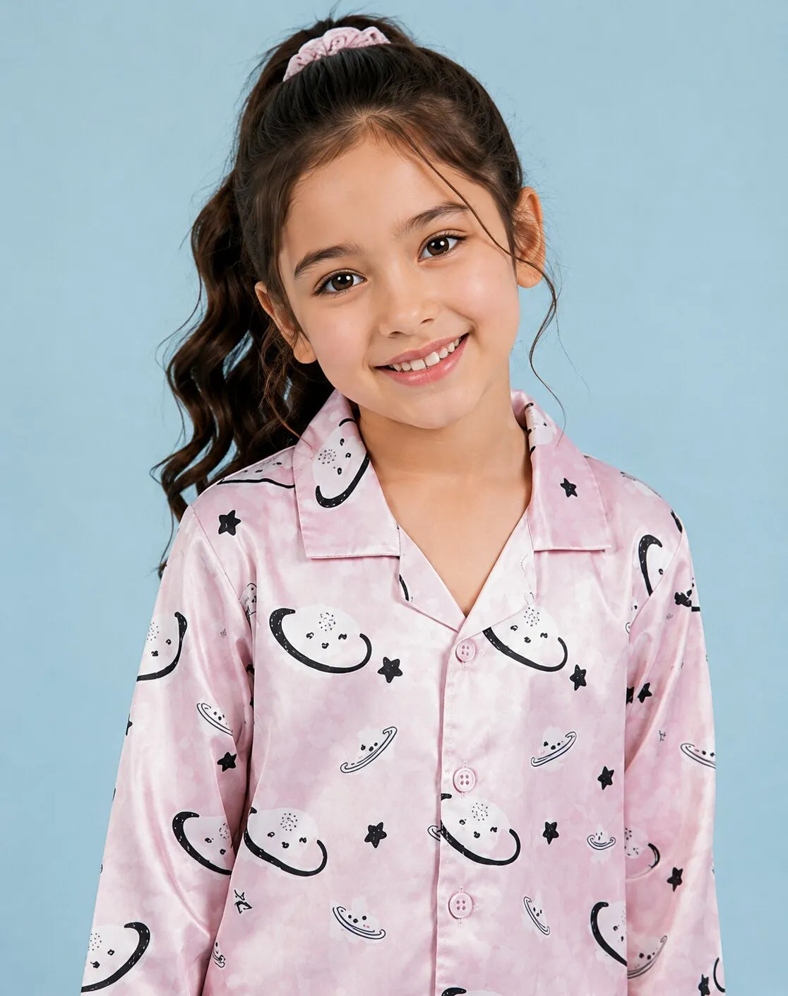 Girls Pink Celestial Printed Satin Night Suit Set